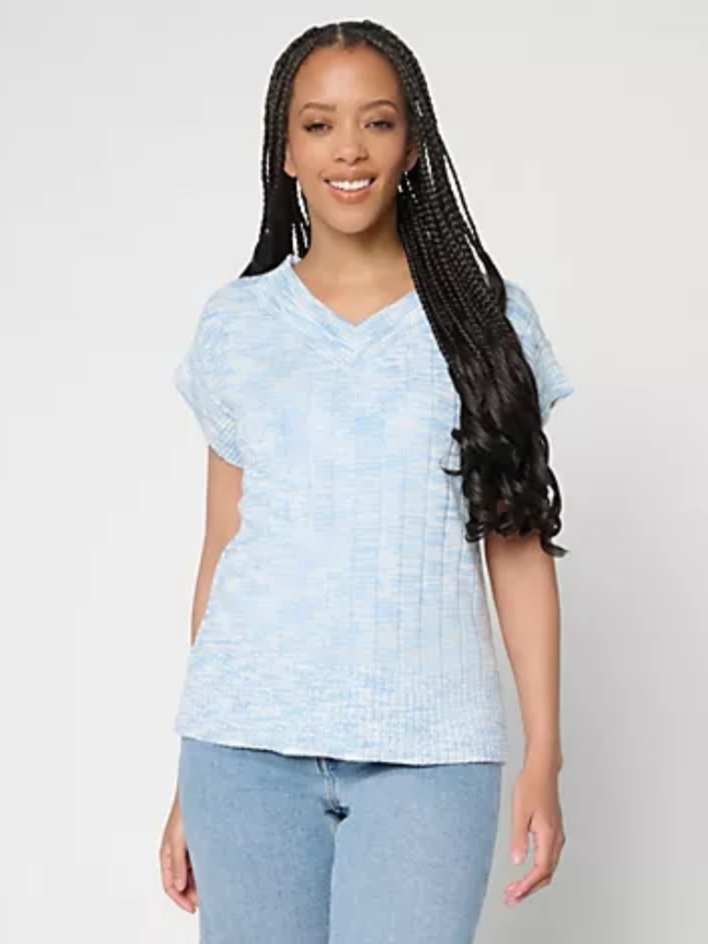 AnyBody Spacedye V-Neck Cap Sleeve Pullover Sweater, Blue Sz XL a719637